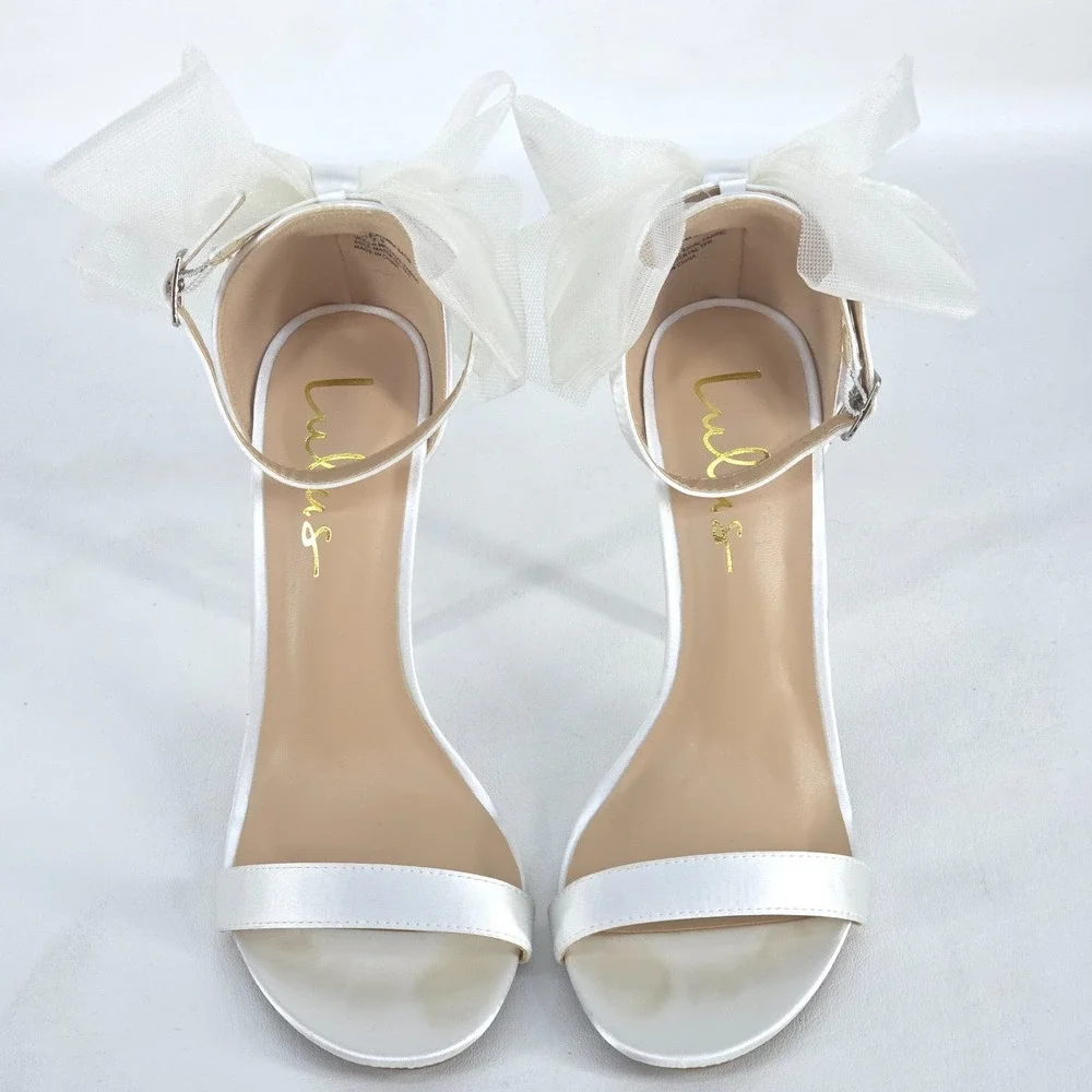 Lulu's Ayanna Satin Bow Ankle Strap Heels Womens 7.5 White Sandals Wedding Shoes
